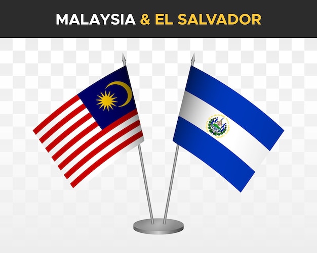 マレーシア対エルサルバドルの机の旗のモックアップは白で隔離されます。 3dベクトルイラストテーブルフラグ