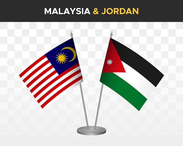 Макет настольных флагов Малайзии и Иордании изолирован на белом трехмерном векторном иллюстративном табличном флаге