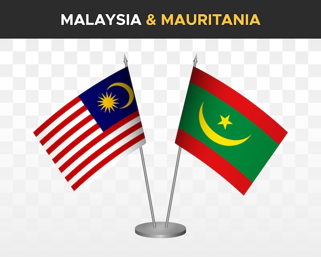 Malaysia vs Mauritania desk flags mockup isolated on white 3d vector illustration table flags