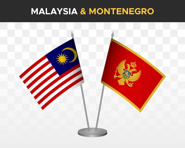 Malaysia vs Montenegro desk flags mockup isolated on white 3d vector illustration table flags