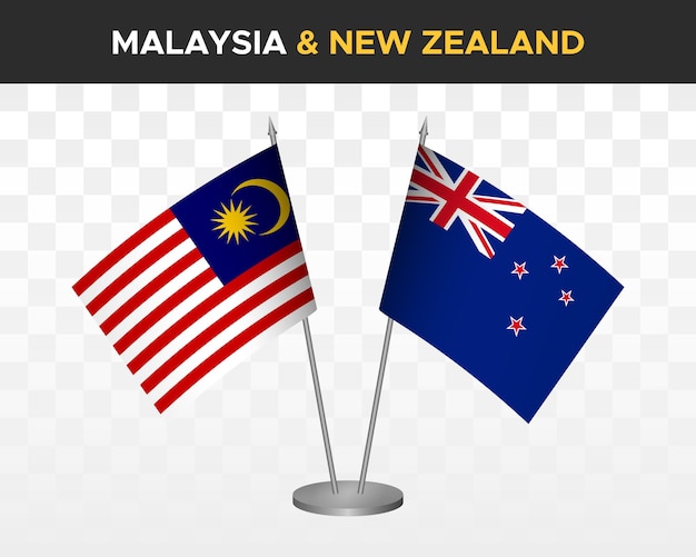 Malaysia vs New Zealand desk flags mockup isolated on white 3d vector illustration table flags