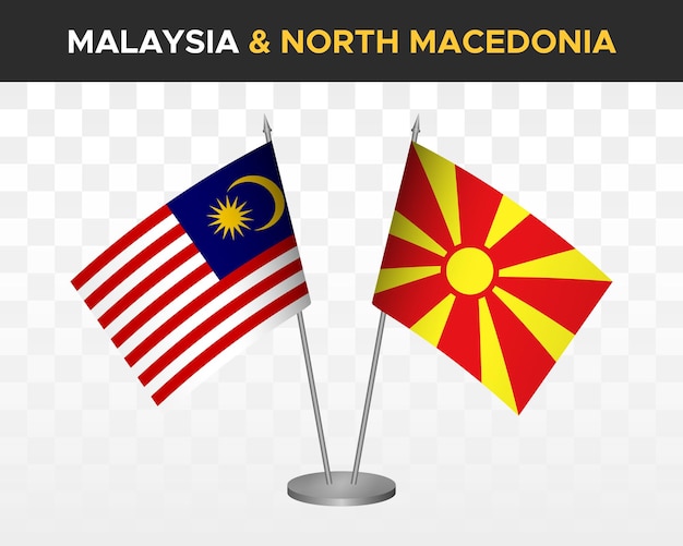 Mockup di bandiere da scrivania malesia vs macedonia del nord isolato su bianco bandiere da tavolo con illustrazione vettoriale 3d