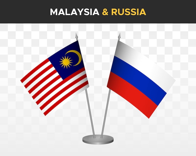 Malaysia vs Russia desk flags mockup isolated on white 3d vector illustration table flags