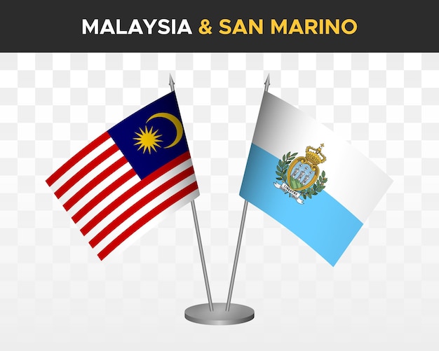 Макет настольных флагов Малайзии и Сан-Марино изолирован на белом трехмерном векторном иллюстративном табличном флаге