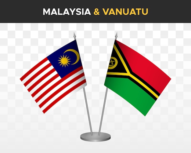 Malaysia vs Vanuatu desk flags mockup isolated on white. 3d vector illustration table flags