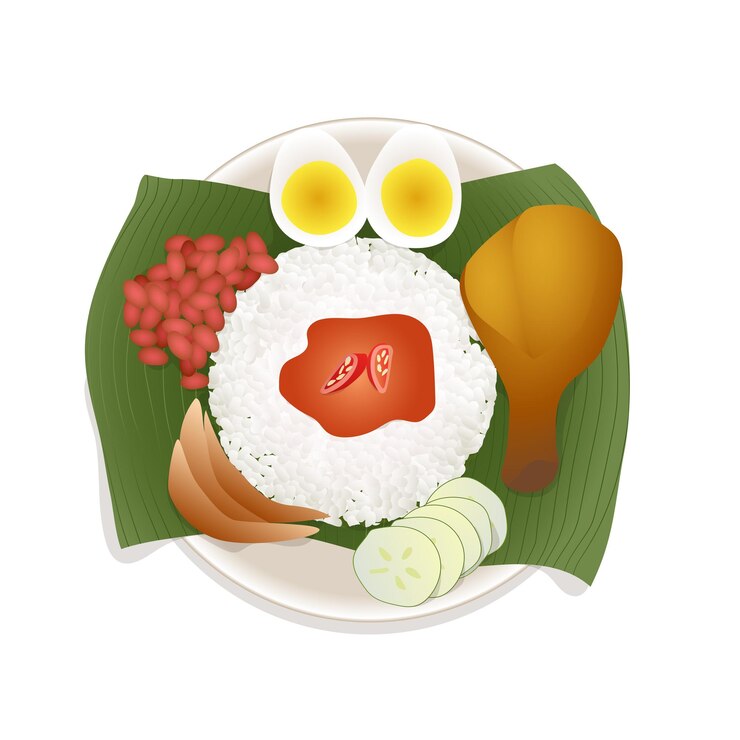 Vector malaysian cuisine, asian food, exotic dishes, nasi lemak