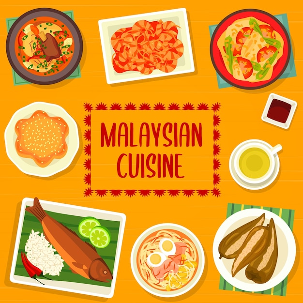 Malaysian cuisine menu cover page design Fish curry chilli shrimps and noodle soup Soto Ayam Bak Kut Teh pie Kuih Bakar Pandan and chilli peppers stuffed with fish grilled fish with coconut crust