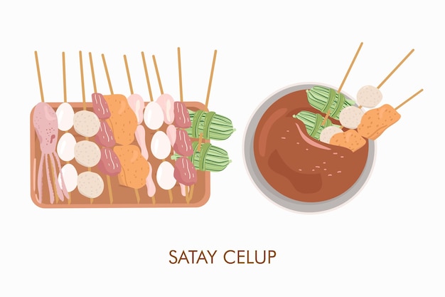 Малазийская еда под названием сатай целуп, векторная иллюстрация азиатской кухни