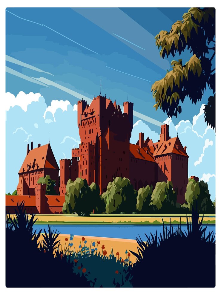 Vector malbork castle poland vintage travel poster souvenir postcard portrait painting wpa illustration