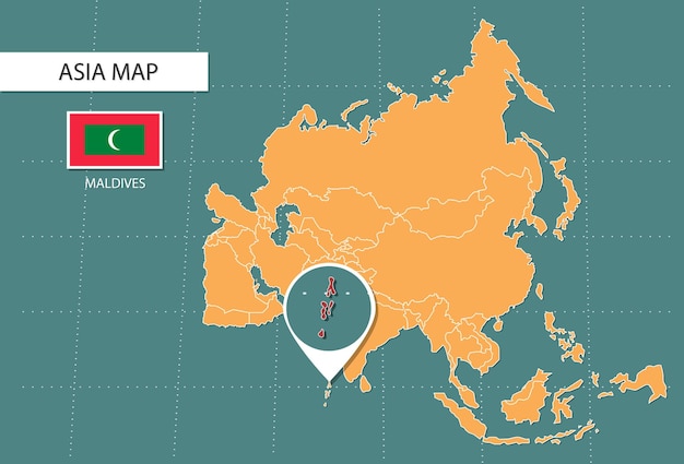 maldiven kaart in Azië zoomversie pictogrammen met maldiven locatie en vlaggen