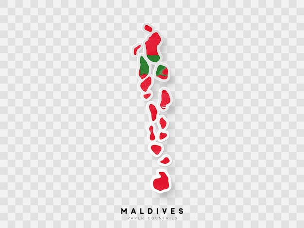 Maldives detailed map with flag of country. Painted in watercolor paint colors in the national flag.