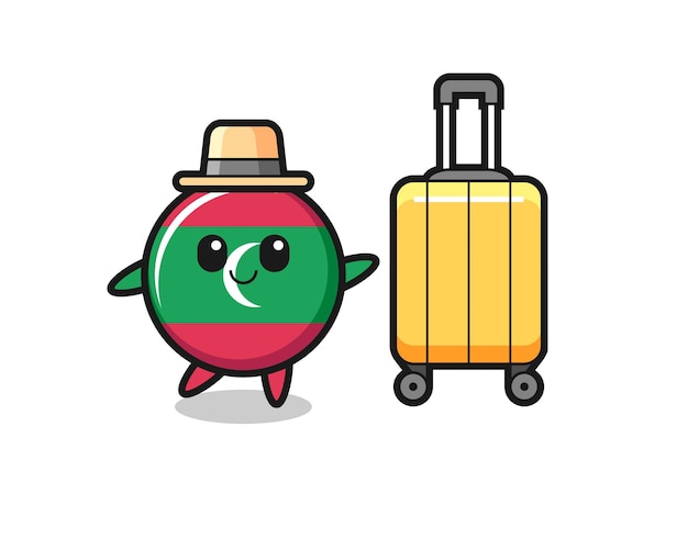 Иллюстрация шаржа значка флага Мальдив с багажом в отпуске милый дизайн