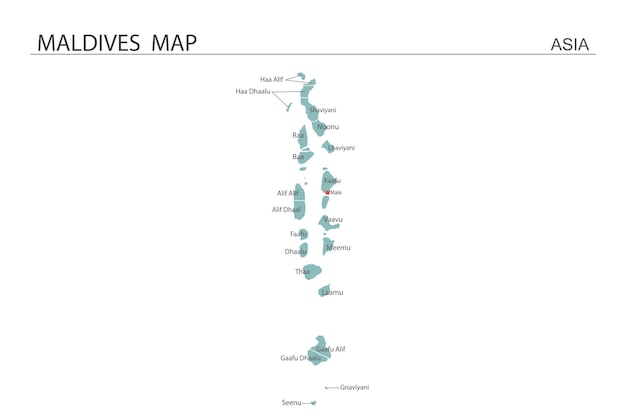 벡터 몰디브 지도 벡터 그림 지도에는 모든 지방이 있으며 몰디브의 수도를 표시합니다.