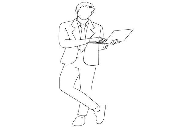 Male agent broker holding in hands laptop working Oneline art drawing style