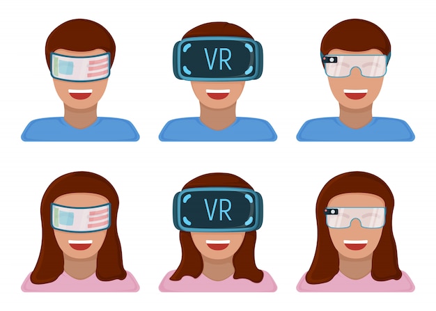 仮想現実の眼鏡の男性と女性のキャラクター、現代のテクノロジー拡張現実感の分離