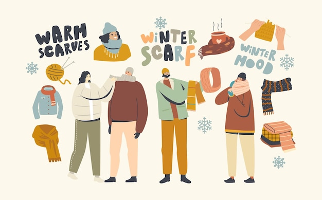 Персонажи мужского и женского пола в шерстяных вязаных шарфах и капюшонах ручной работы для холодной зимы или осени. молодые люди в теплой одежде для прогулок на свежем воздухе, мода. линейные векторные иллюстрации