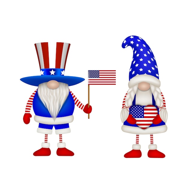 ベクトル アメリカの国旗の男性と女性のノームはアメリカの独立のノームを着色します