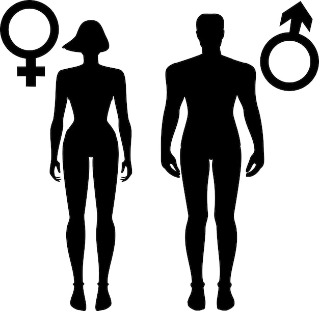 男性と女性のシンボル。女性と男性のシルエット。白い背景の上の黒いシルエット