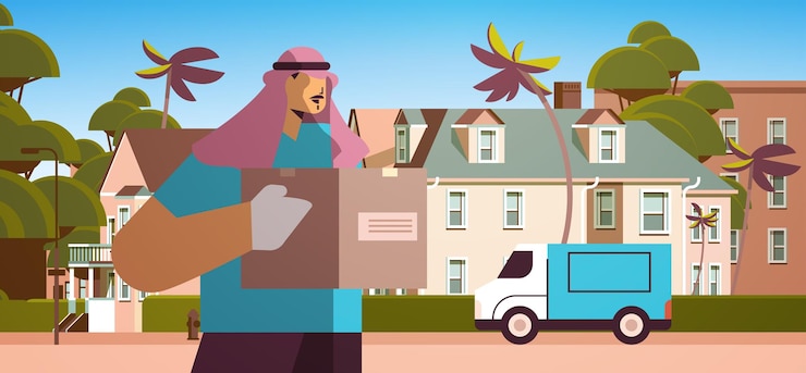 Vector male arab courier in mask and gloves holding cardboard box contactless delivery medical courier service concept horizontal portrait vector illustration