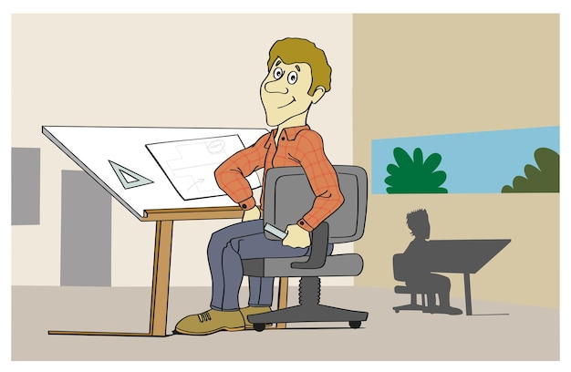 Male architect character smiling and working in his studio sitting at his desk Cartoon style