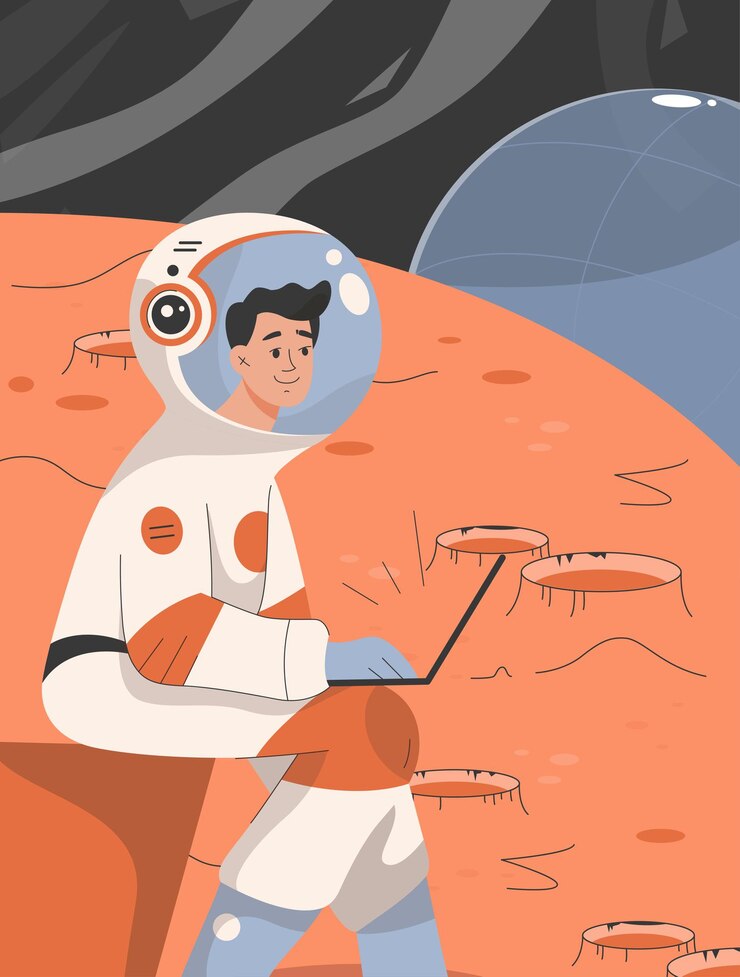 Vector male astronaut works on laptop and does scientific research