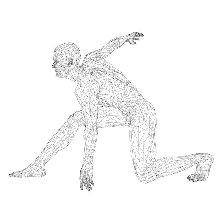 Vector male athlete discus thrower or a runner, in standby or low start. views from different sides. vector illustration of black, triangular grid on a white background.