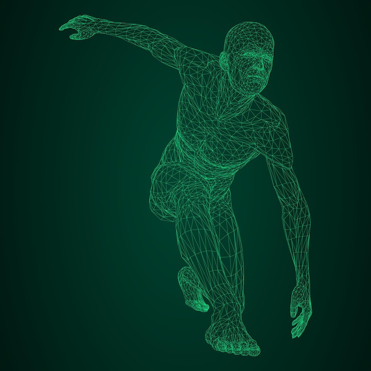 Vector male athlete discus thrower or a runner in standby or low start views from different sides vector illustration of green neon glowing triangular mesh on black and green background