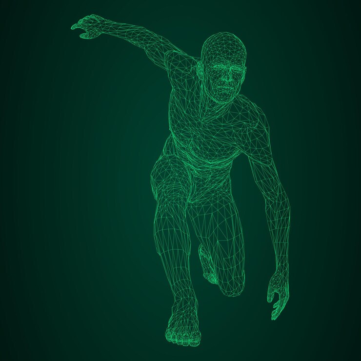 Vector male athlete discus thrower or a runner vector illustration of green neon triangular mesh