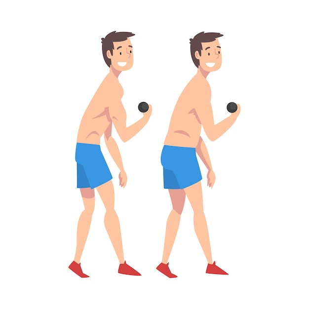 Male athlete exercising with dumbbells smiling guy before and after weight loss male body changing