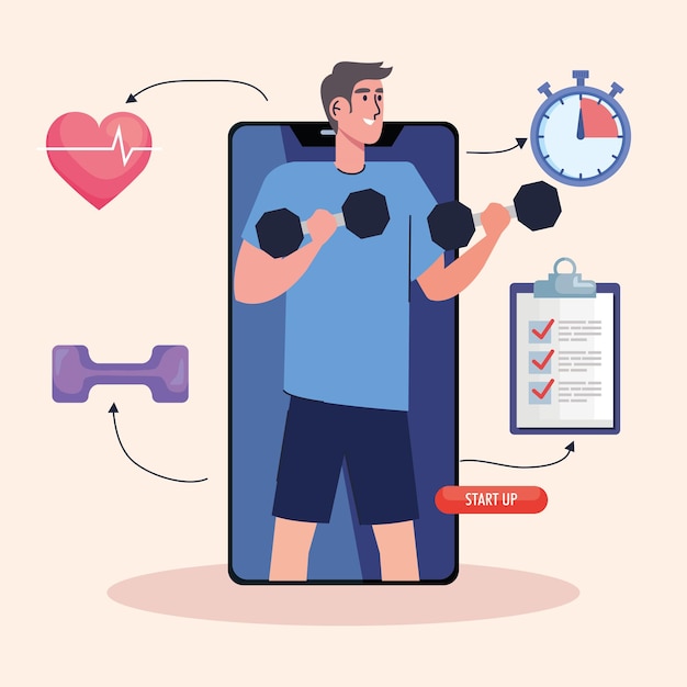 Male athlete lifting dumbbells in smartphone with fitness lifestyle icons illustration design