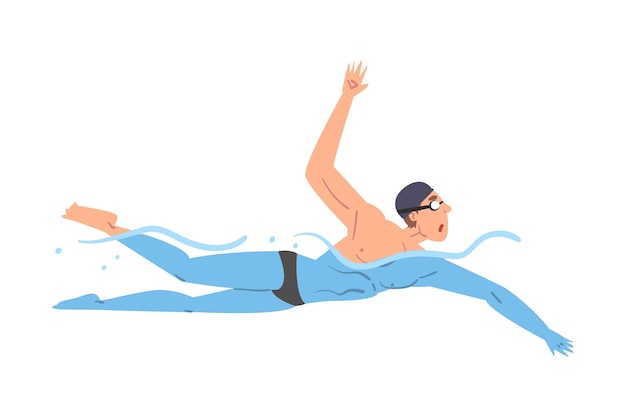 Male Athlete Swim in Swimming Pool Person in Swimwear Performing Water Activities Water Swim Sport Cartoon Style Vector Illustration