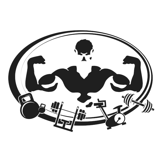 Male athlete with muscles and exercise equipment gym and fitness sign