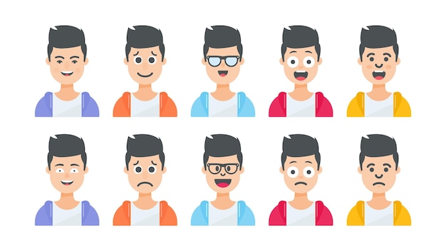 Male avatar and cartoon face with different facial expressions and character illustration set
