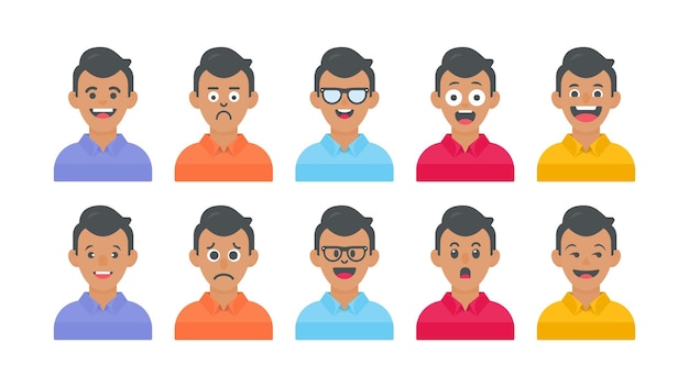 Male avatar and cartoon face with different facial expressions and character illustration set