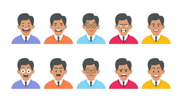 Male avatar and cartoon face with different facial expressions and character illustration set