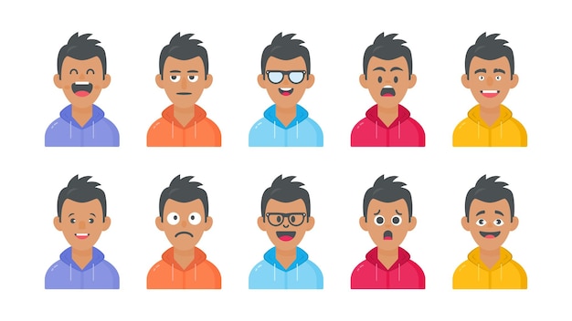 Male avatar and cartoon face with different facial expressions and character illustration set