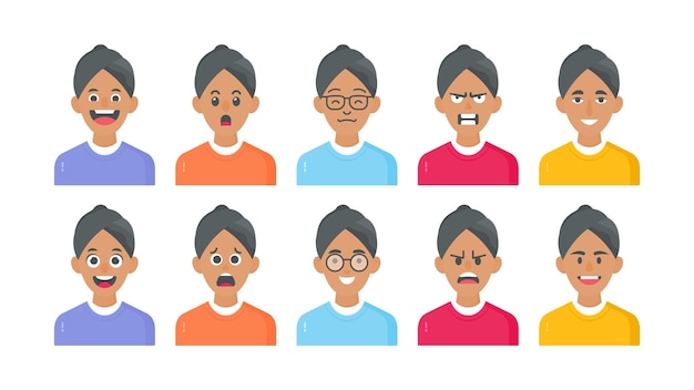 Avatar maschile e faccia da cartone animato con diverse espressioni facciali e set di illustrazioni dei personaggi