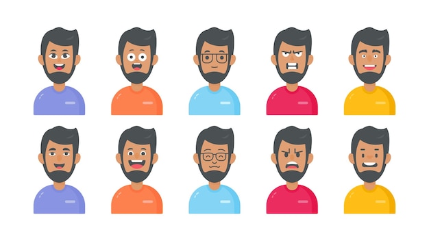 Male avatar and cartoon face with different facial expressions and character illustration set