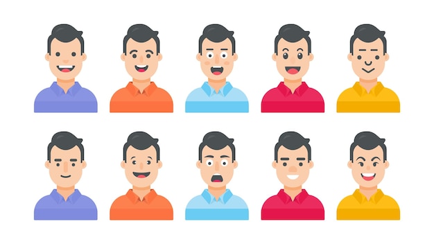 男性アバター セットと若い男の子の漫画の顔の異なる表情