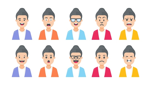 Male avatar set and young boys cartoon face with different facial expressions