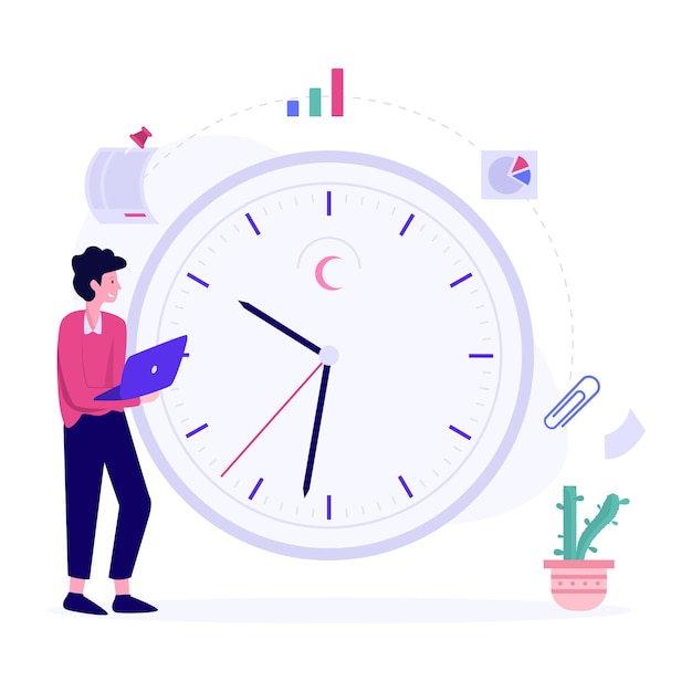 Male avatar with clock showing setting deadline vector