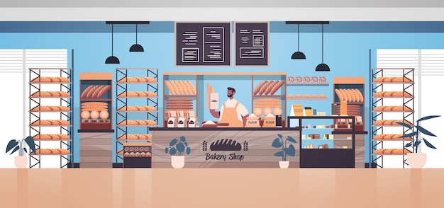 Male baker holding bag with baguettes man in uniform selling fresh bakery products in baking shop portrait horizontal vector illustration