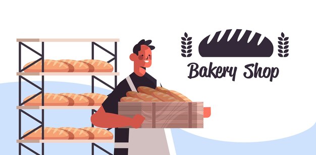 Male baker in uniform holding baguettes bakery products baking manufacture concept portrait horizontal vector illustration