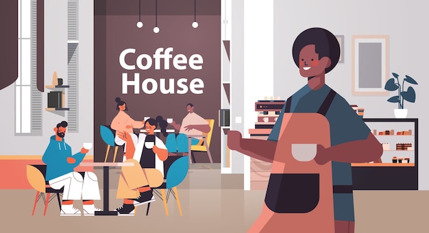 male barista in uniform working in coffee house waiter in apron serving coffee for clients modern cafe interior horizontal vector illustration