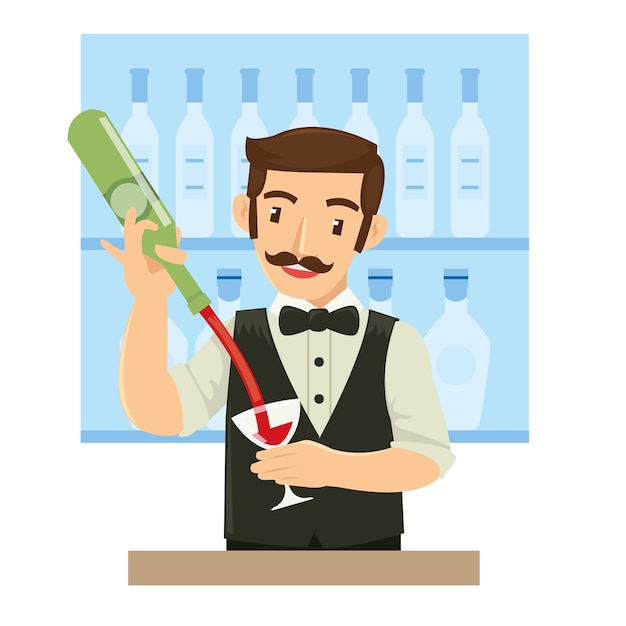 Vector male bartender pouring wine for customer in the bar