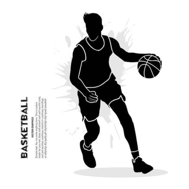 白い背景で隔離のシルエット アートをドリブル男子バスケット ボール選手