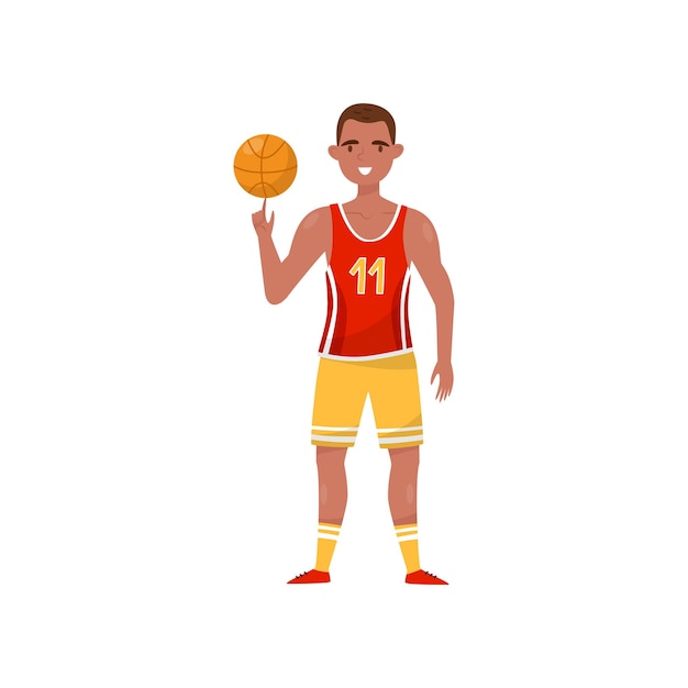 Vettore giocatore di basket maschio, sportivo professionista, personaggio in uniforme con palla, stile di vita sportivo attivo