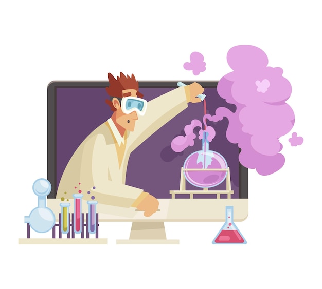 Male blogger carrying out scientific experiments with chemicals in his video cartoon