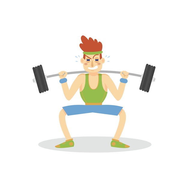 Vector male bodybuilder exercising with a barbell active healthy lifestyle cartoon vector illustration