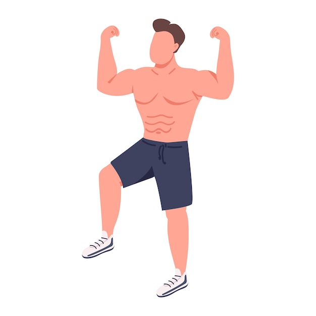 Vector male bodybuilder showing triceps and biceps semi flat color vector character